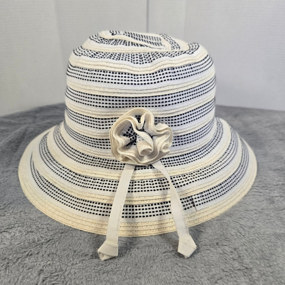 Womens Striped Sun Hat Cream Navy Blue Woven Floral Accent Wide Brim Summer Cap